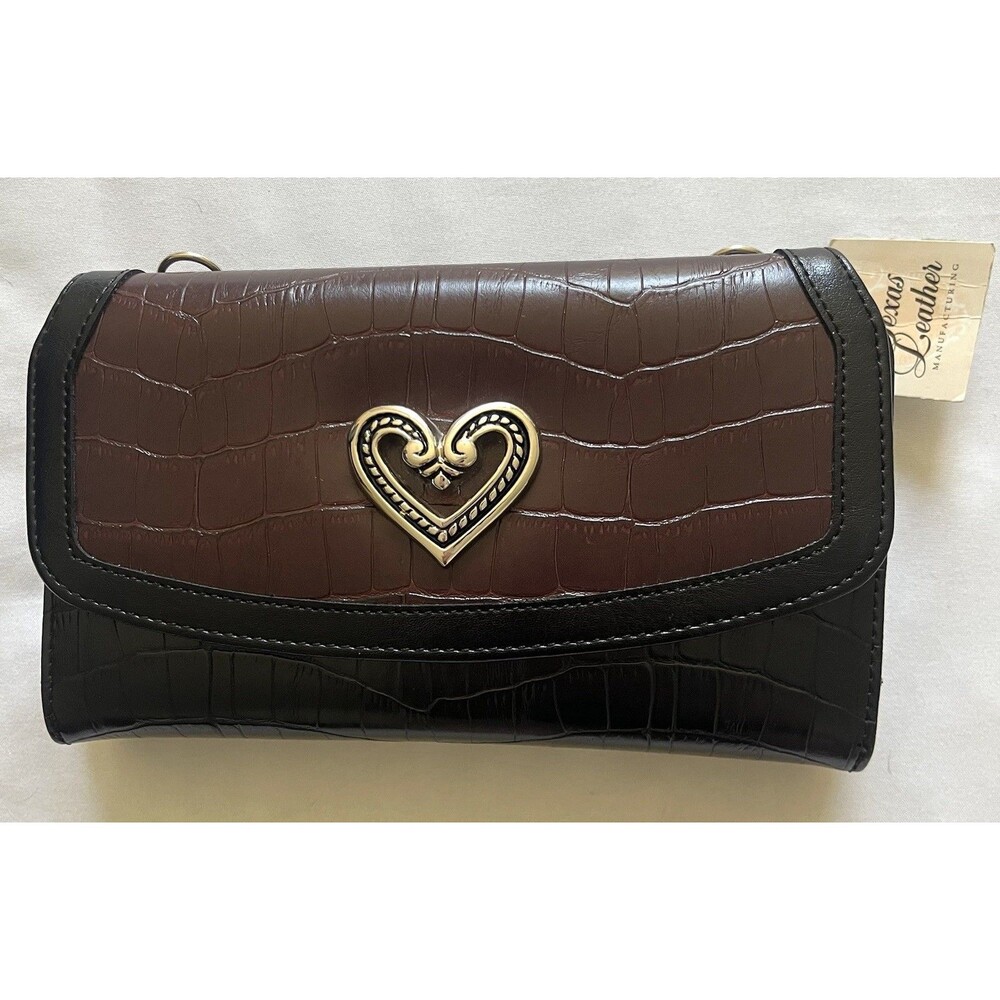 Texas Leather Manufacturing Wallet Women Brown Black Croc Crossbody Clutch NWT